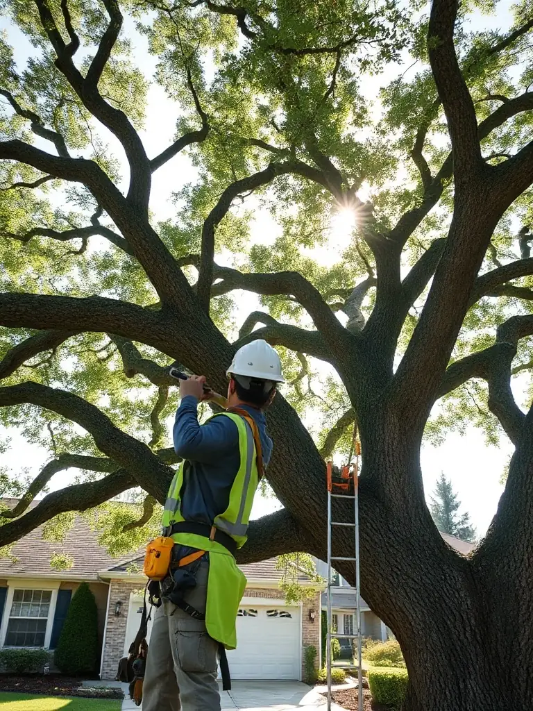 A certified arborist in safety gear carefully trimming branches from a mature oak tree in a well-kept suburban yard, demonstrating professional tree care in a residential setting.