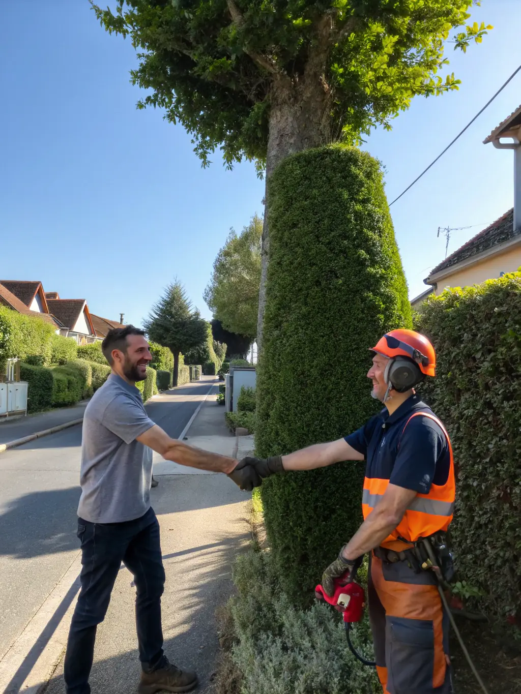 A smiling homeowner shaking hands with a Safraz Tree Service team member in front of a freshly maintained yard, showing customer satisfaction.