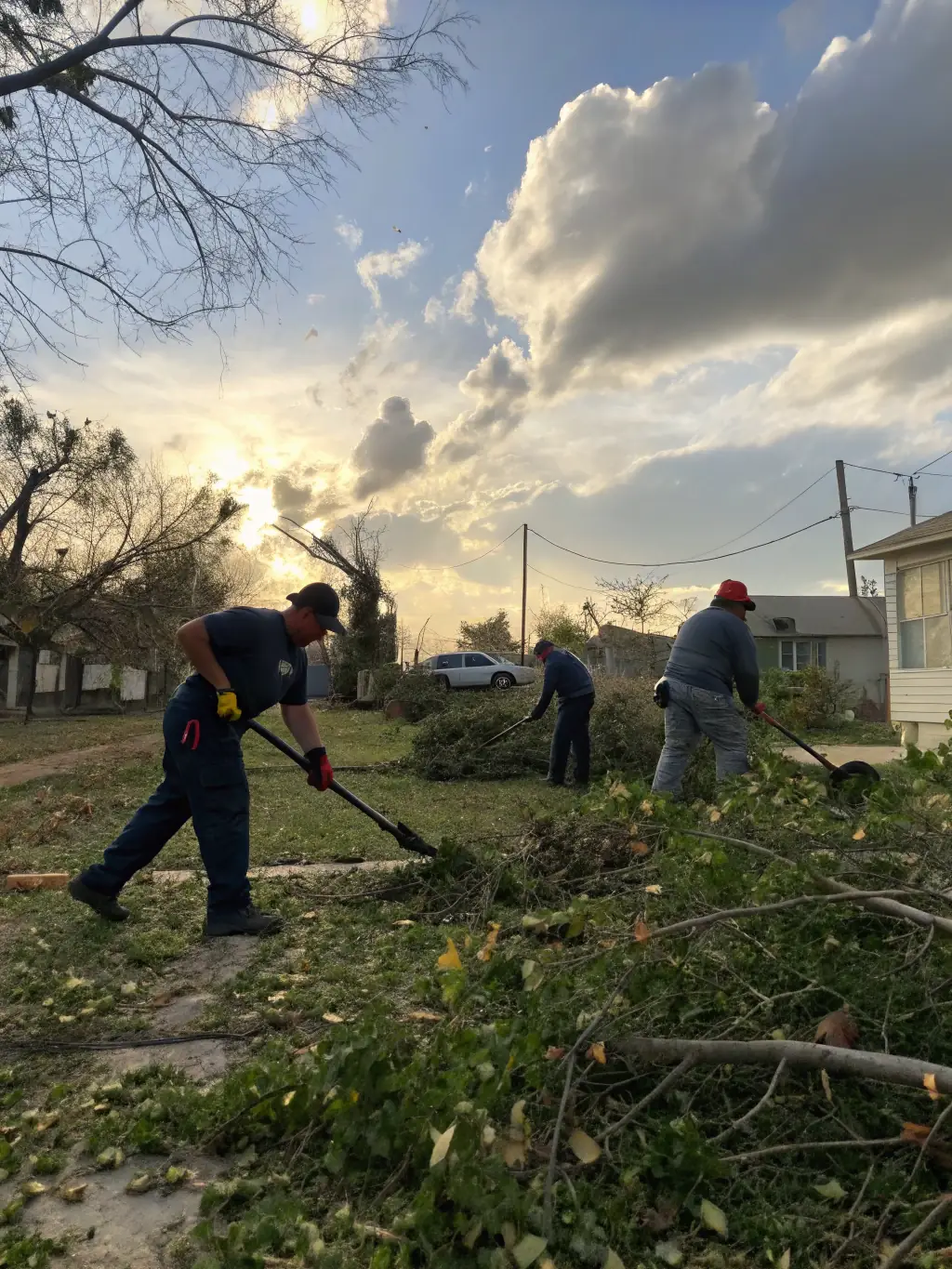 A crew responding to storm damage, clearing fallen branches and debris from a driveway after a severe thunderstorm, with emergency vehicles nearby.