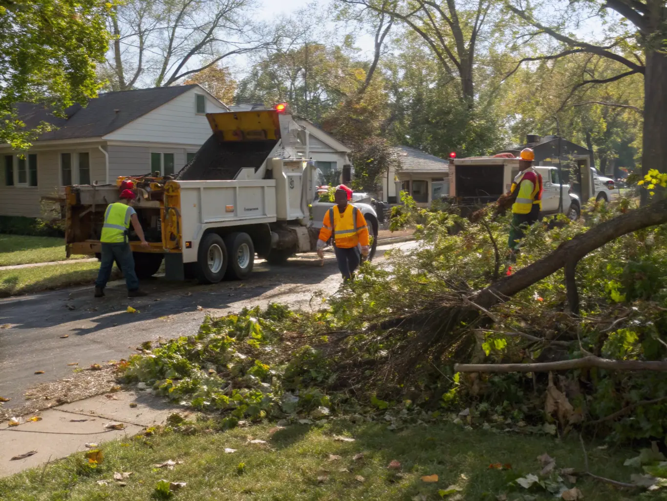 Emergency crew responding to storm-damaged trees, clearing large fallen branches from a driveway after a severe thunderstorm, with visible urgency and safety measures in place.