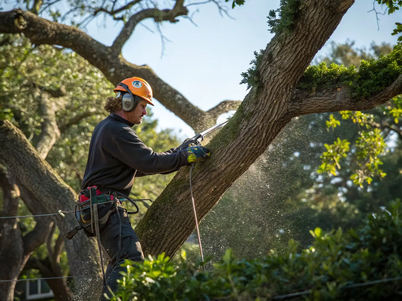 A certified arborist carefully trimming branches from a mature oak tree in a well-maintained suburban yard, with safety equipment and lush green surroundings, representing professional tree trimming and pruning services.