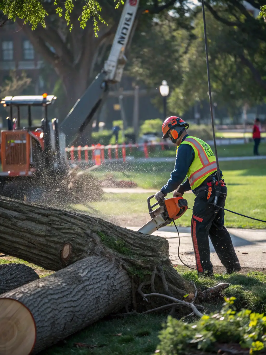 A crew quickly removing a fallen tree after a storm, with emergency vehicles and cleared debris, illustrating rapid response.