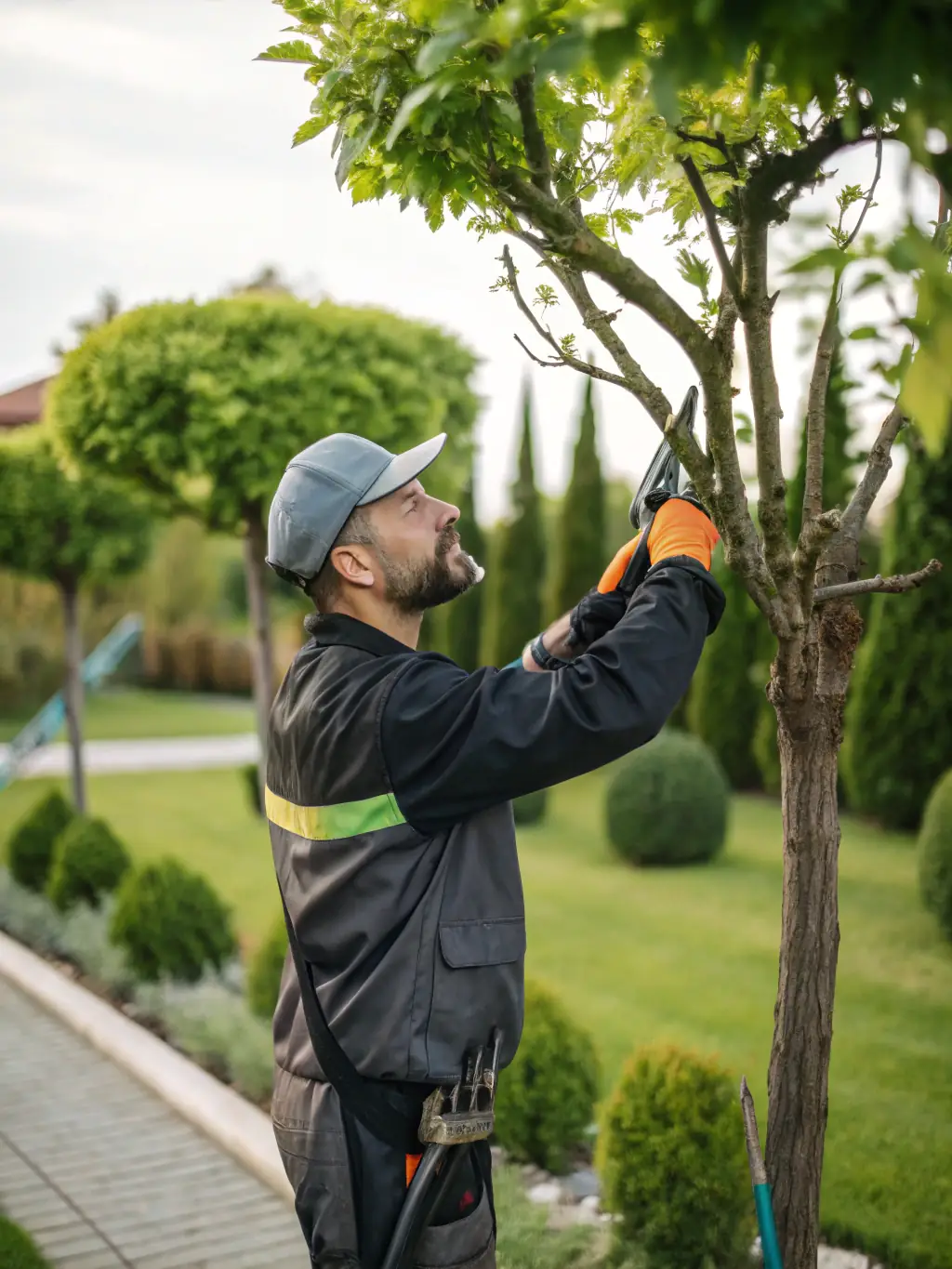 A certified arborist wearing safety gear, using a harness and ropes to trim a tall tree in a residential yard, emphasizing professional safety standards.