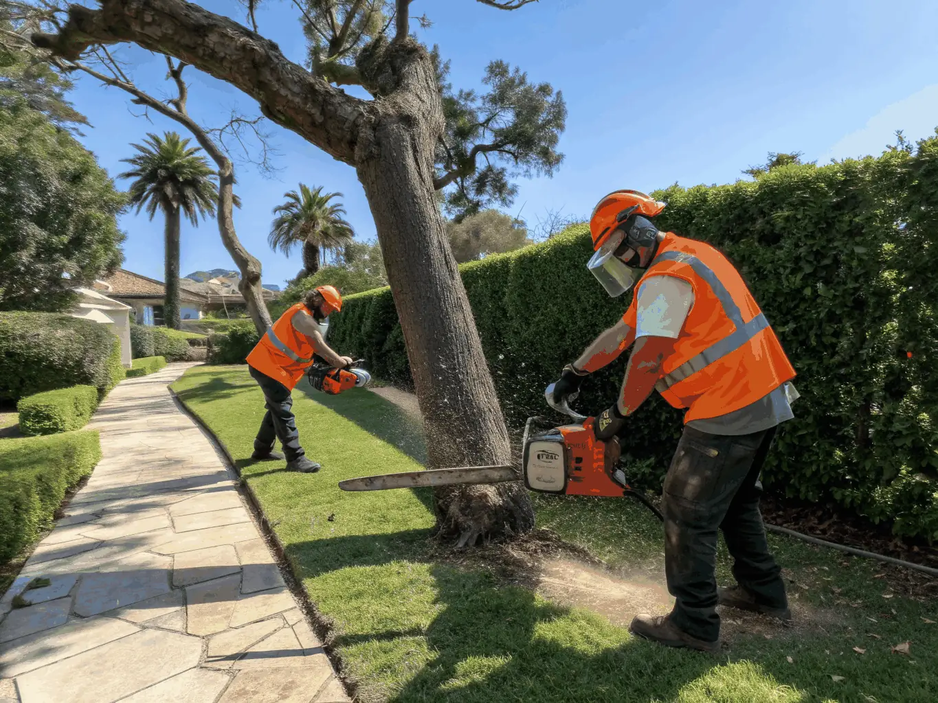 A team of professionals using specialized equipment to remove a large, hazardous tree and grind the remaining stump in a residential backyard, ensuring the area is clean and safe for use.