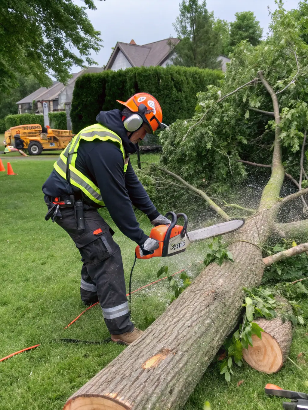 A team of professionals using a crane and chainsaws to remove a large, hazardous tree from a backyard, with the stump and debris being cleared away.