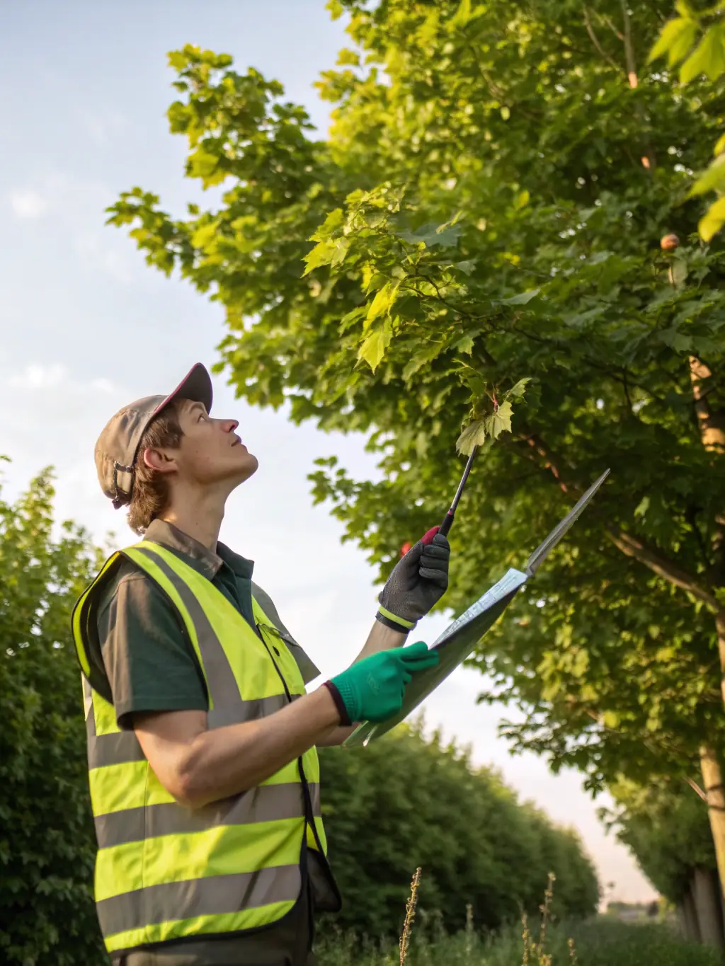 A close-up of an arborist inspecting a tree branch, holding a certification badge, with healthy green foliage in the background, representing expertise.